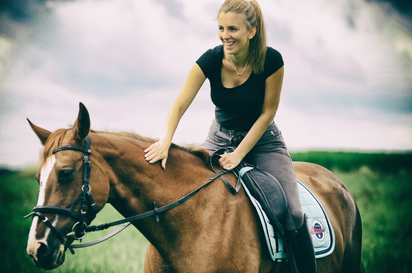 woman in blue crew neck t-shirt riding brown horse during daytime